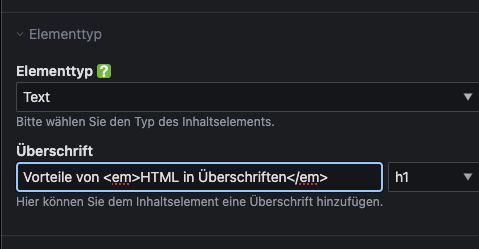 Contao HTML in Überschriften Screenshot