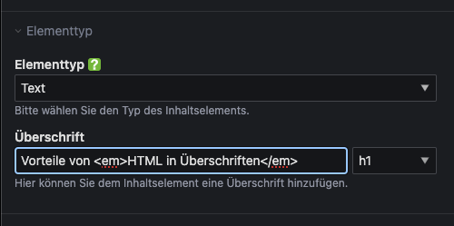Contao HTML in Überschriften Screenshot